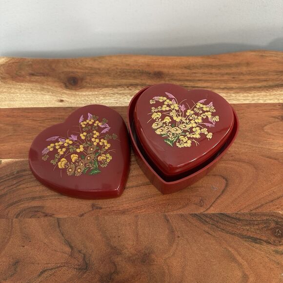 Vtg Set of 3 Heart Nesting Boxes Melamine Red Floral Lided Trinket Keepsake Dish - Picture 4 of 14
